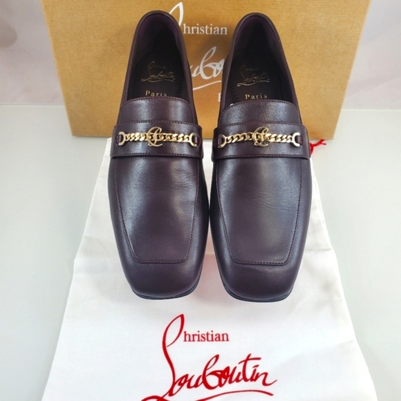 NWT$1095 Louboutin MJ Moc Brown Leather Chain Red Sole Flat Loafers Sz 36.5, 6.5 - Picture 5 of 16
